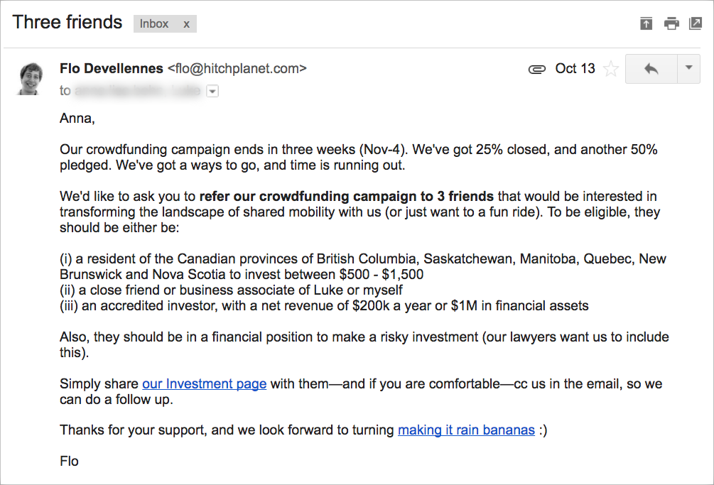 Referral Emails for Crowdfunding