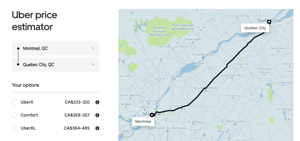 Montreal to Quebec with Uber price estimator screenshot