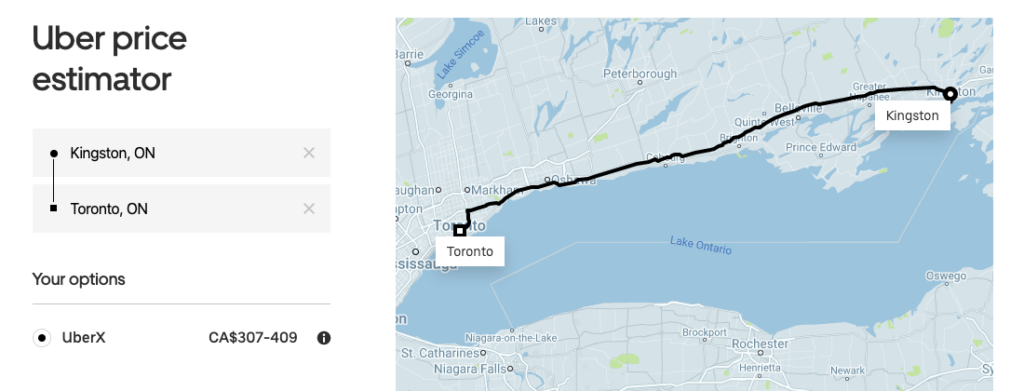 Uber price estimator from Kingston to Toronto