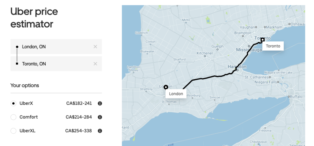 Uber price estimator from London Ontario to Toronto
