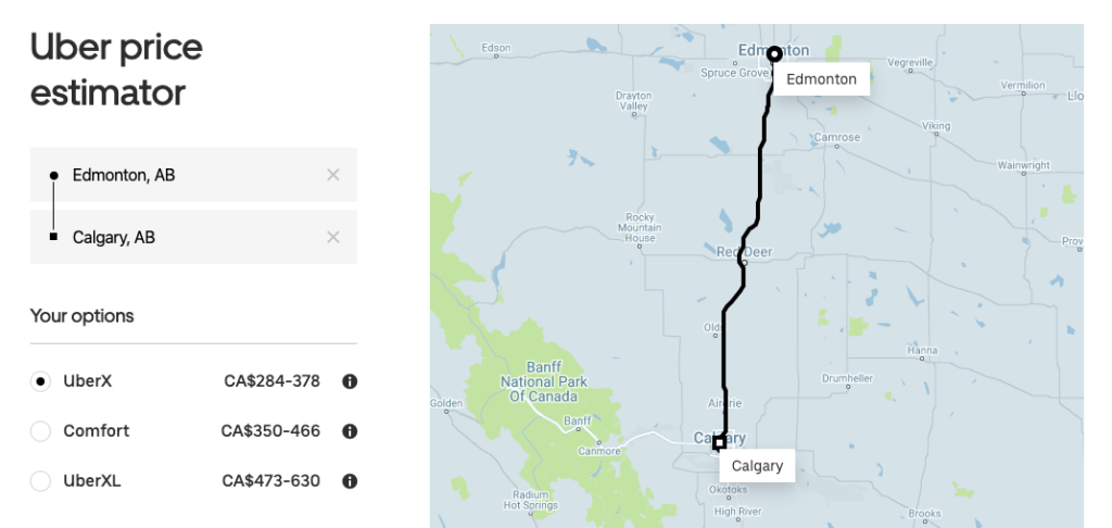 Uber price estimator showing prices from Edmonton to Calgary with UberX, UberXL, etc.