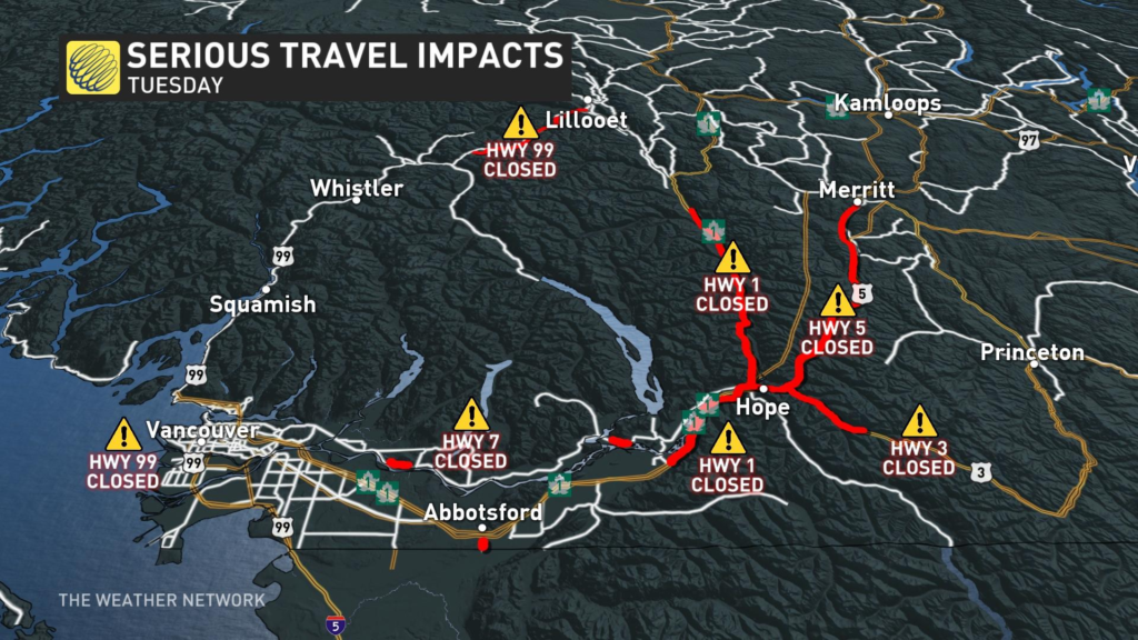 Map of highway closures in BC